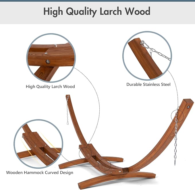 ANOW 13.5FT Curved Wood Stand with Double Hammock, Heavy Duty Larch Wood Arc Stand with 2 Chains, 4 Balance Ropes and 4 Carabiners, Includes Blue Hammock with Spreader Bars