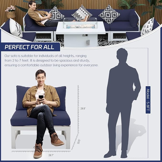 BULEXYARD 11 Pcs Oversized Contemporary Aluminum Patio Furniture Set, All Weather Modular Sectional Sofa with Tanning Chair & Fireplace, 500 lbs Heavy Duty Comfy Outdoor Couch for Beach, Dark Blue