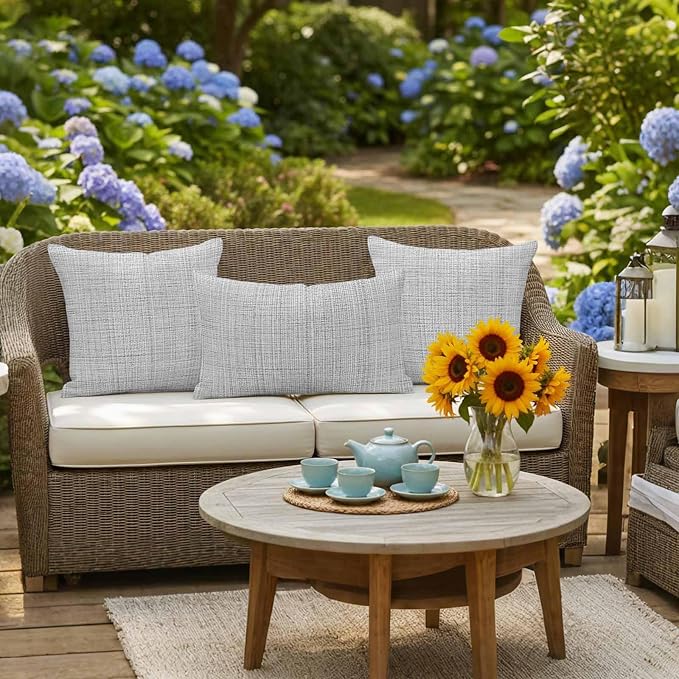 Outdoor Waterproof Throw Pillow Covers Set of 2 Grey Linen Texture Lumbar Pillowcases 20x12 Inches Solid Color Decorative Pillows Cushion Case Patio Pillows for Couch Bed Chair Garden