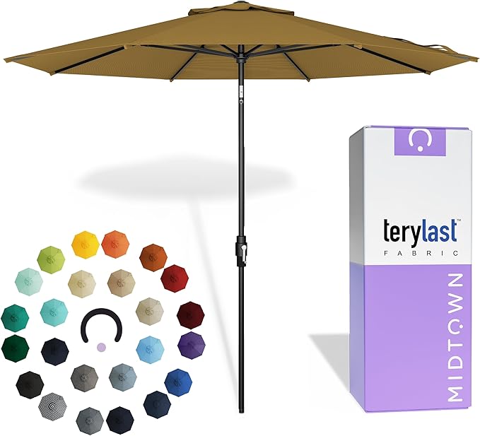 Midtown Umbrellas – The Swilt 10 Ft Patio Umbrellas with 360° Swivel & Tilt Mechanism, 8 Fiberglass Ribs & Terylast Polyester Fabric for Backyard, Deck, Pool & Cafes - Sand Canopy, Black Pole