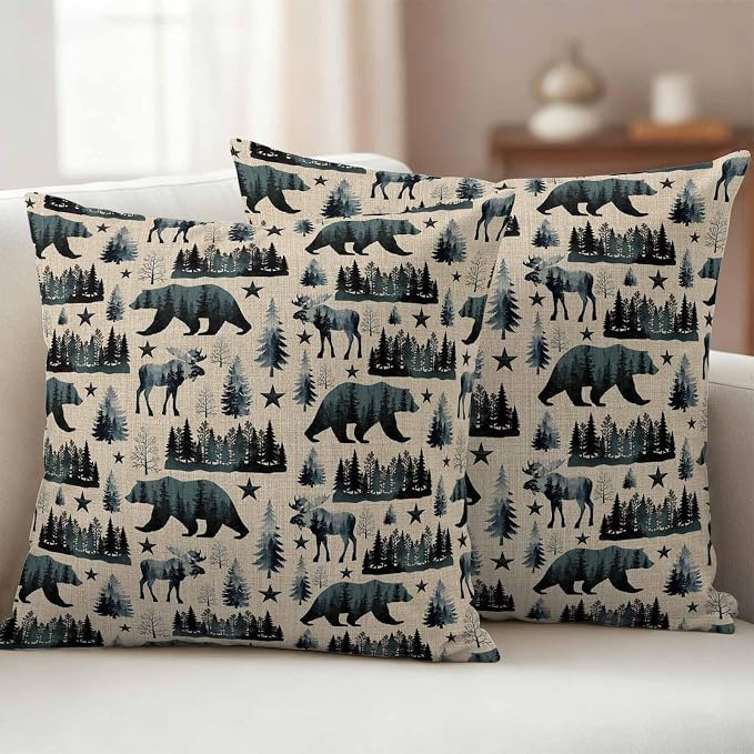 Vintage Bear Elk Cabin Outdoor Pillow Covers 26x26 Inch Throw Pillow Covers Set of 2 Waterproof Decorative Pillow Cases Farmhousee Pine Tree Rustic Cushion Covers for Patio Furniture Garden Couch Sofa