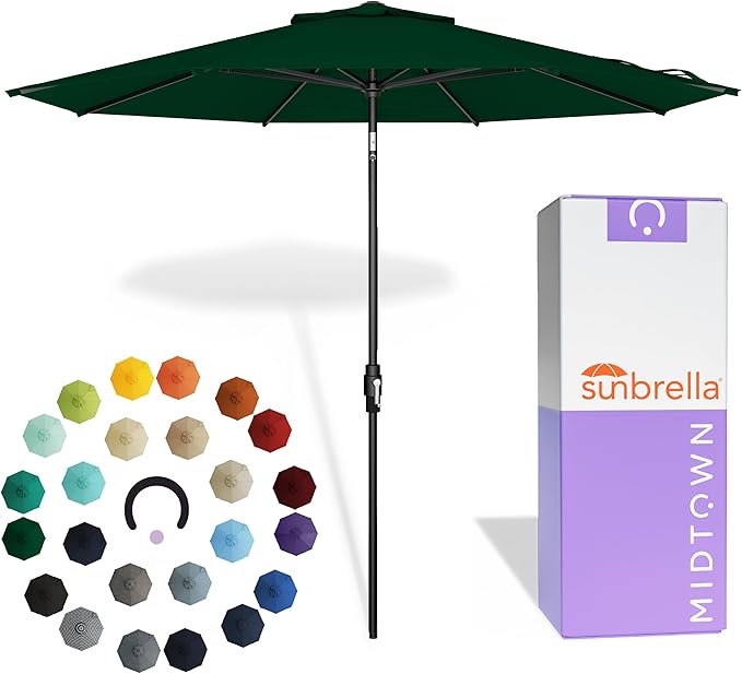 Midtown Umbrellas 9 Feet Aluminum Patio Umbrella With Fiberglass Ribs In Sunbrella Forest Green, Auto-Tilt And 360 Degrees Swivel For Optimal Shade, Kevlar Cord For Long Lasting Use
