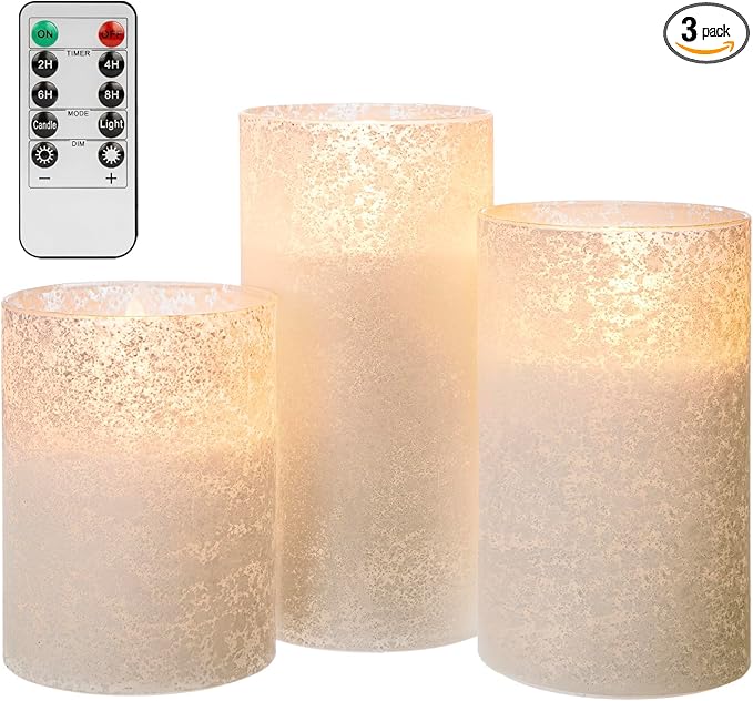 White Glass Flameless Candles Set of 3 (3"x4" 5" 6") – Battery Operated LED Pillar Candles with Remote and Timer, Flickering Electric Fake Candles for Home Wedding Decor