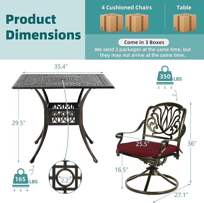 MEETWARM 5-Piece Outdoor Patio Dining Set, All-Weather Cast Aluminum Patio Conversation Set for Backyard Garden Deck with 4 Cushions Swivel Rocker Chairs and 35.4" Square Table, Chili Red