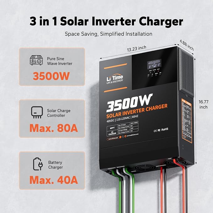 LiTime Solar Inverter Charger, 3500W DC 48V to AC 120V Pure Sine Wave Inverter with 80A MPPT Charge Controller, 40A AC Battery Charger, Uninterrupted Power Supply (UPS), RS485 Communication