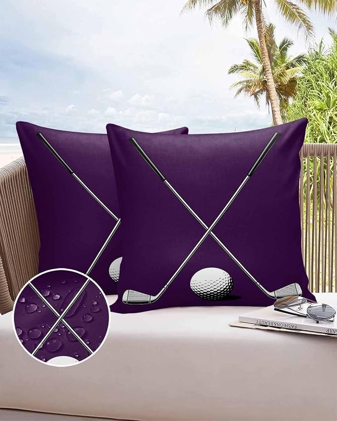 Vandarllin Outdoor Throw Pillows Covers 20x20 inch Set of 2 Waterproof Golf Ball Club Decorative Zippered Cushion Covers for Patio Furniture, Game Sports Purple Lumbar Pillowcases