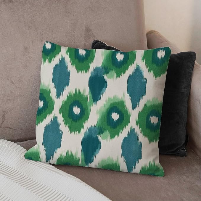 Green and Aqua Bukhara Ikat Pillowcase Peacock Strip Print Throw Pillow Cover Retro Throw Pillow Covers Farmhouse Decorative for Patio Couch Sofa 24x24 in
