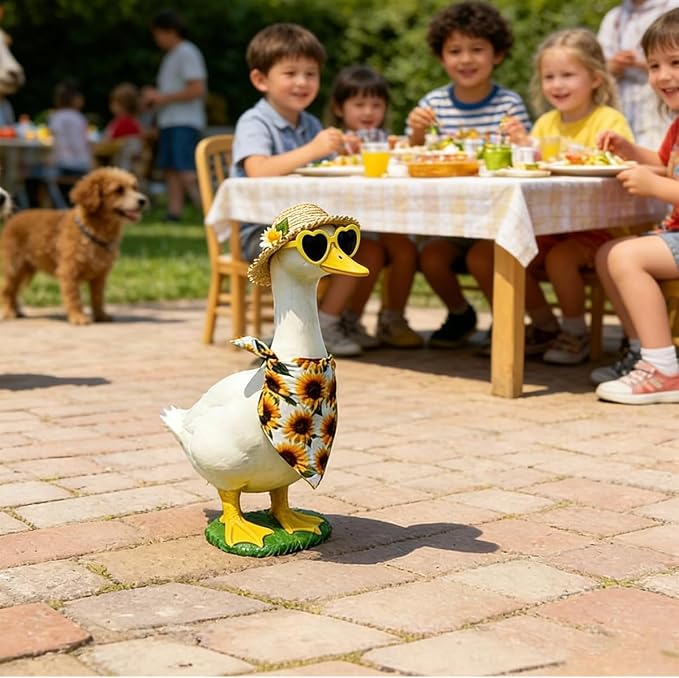 Sunflower Porch Goose Outfits, Goose Statue Clothes with Straw Hat + Heart Sunglasses + Sunflower Triangle Bandana for 17'' / 23'' Lawn Statues Outdoor Garden Yard Decor