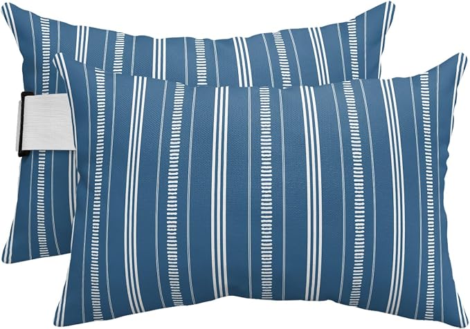 Outdoor Lumbar Pillows 12x20 Set of 2, Boho Sea Blue Waterproof Throw Pillow Covers with Insert, Minimalist Farmhouse Striped Decorative Support Pillows for Lounge, Chaise