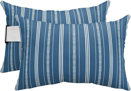 Outdoor Lumbar Pillows 11x16 Set of 2, Boho Sea Blue Waterproof Throw Pillow Covers with Insert, Minimalist Farmhouse Striped Decorative Pillowcase Cushion for Couch Sofa Bed