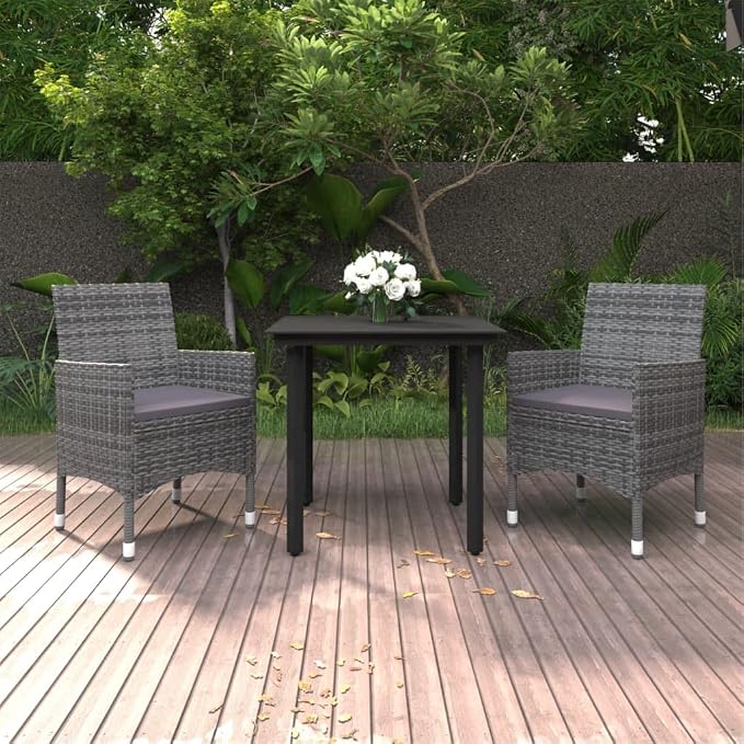 3 Piece Patio Dining Set with Cushions Poly Rattan and Glass Outdoor Table and Chairs for Garden Backyard Balcony, Gray Dark Gray Black