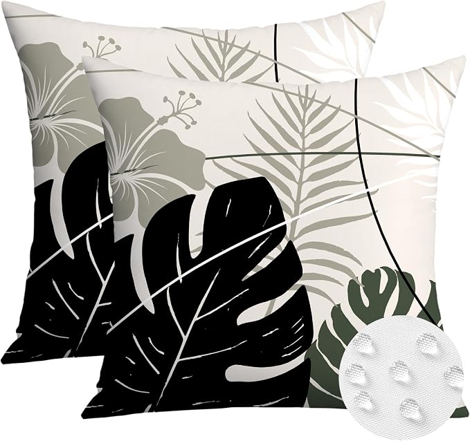 OTOSTAR Outdoor Waterproof Throw Pillow Covers 20x20 Inch Set of 2 Double-Sided Black Grey Tropical Leaf and Flower Spring Summer Decorative Pillow Cases for Patio Funiture Garden Balcony Couch