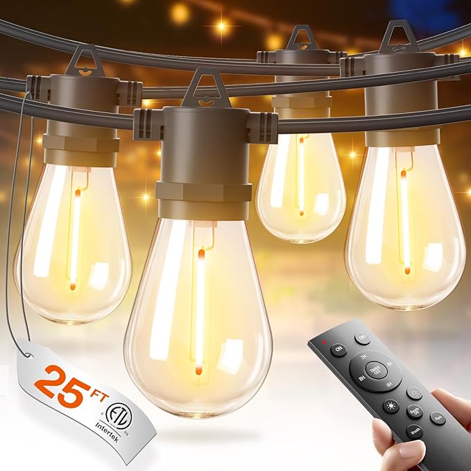 addlon 25FT LED Outdoor String Lights, Waterproof Dimmable Bulbs for Patio | UL Listed, Remote Control. Shatterproof Edison Bulbs, Timer, Linkable, 2700K Warm White. For Backyard, Pergola, Deck, Garden.