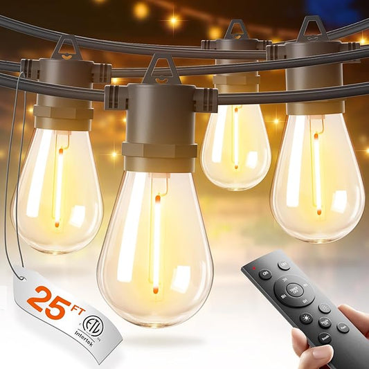 addlon 25FT LED Outdoor String Lights, Waterproof Dimmable Bulbs for Patio | UL Listed, Remote Control. Shatterproof Edison Bulbs, Timer, Linkable, 2700K Warm White. For Backyard, Pergola, Deck, Garden.