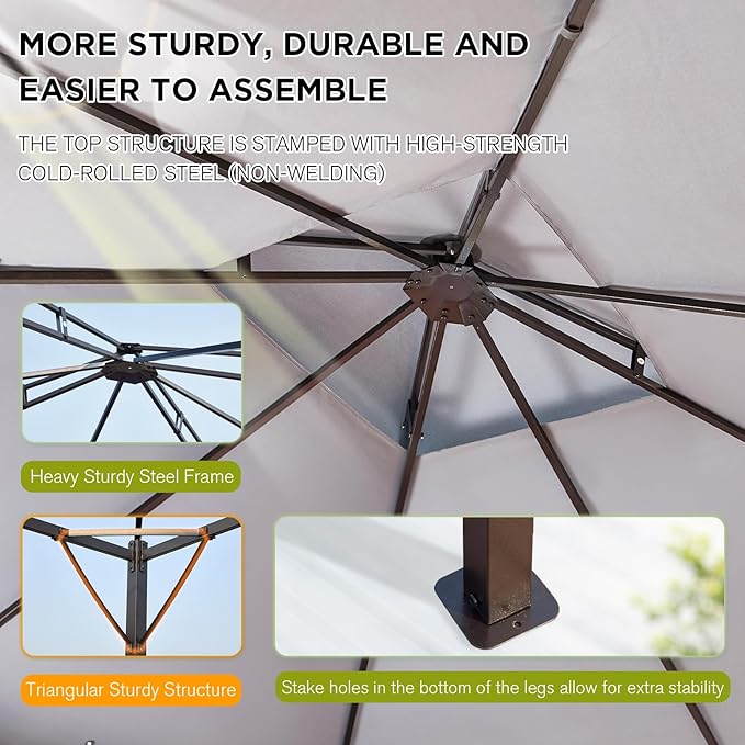 Bezseller 10x12 Outdoor Patio Gazebo with Powder-Coated Metal Frame - Stable Double-Tier Canopy with Zip Mesh Sidewalls for Backyard Dining & Entertaining, Grey