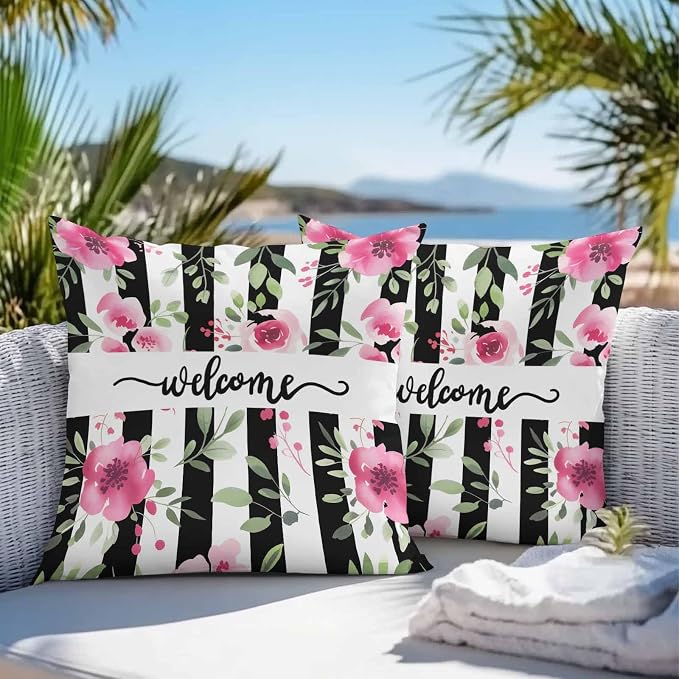 Throw Pillow Covers 20x20 Inch Set of 2, Pink Red Flower Waterproof Outdoor Cushion Covers, Watercolor Floral Leaf Black White Stripe Decorative Pillowcases for Couch, Sofa, Bed, Garden, Patio