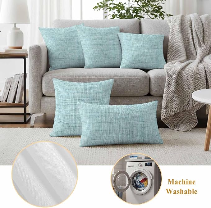Outdoor Waterproof Throw Pillow Covers Set of 2 Teal Linen Texture Pillowcases 24x24 Inches Solid Color Decorative Pillows Cushion Case Patio Pillows for Couch Bed Chair Garden