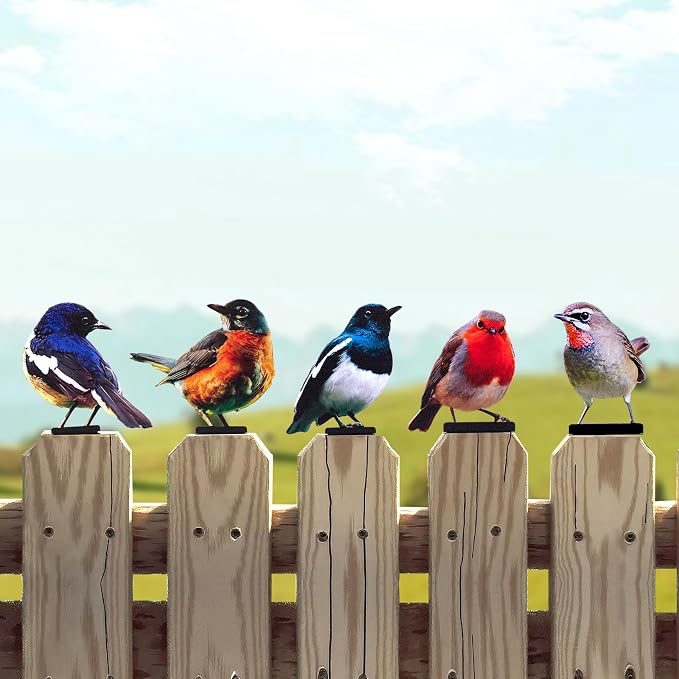 HUYIENO 5PCS Vivid Metal Birds Fence Decor 2D Dual Side Color Painted Outdoor Garden Natural Bird Sculptures for Outdoor Fences, Patio, Garden and Bird Lovers