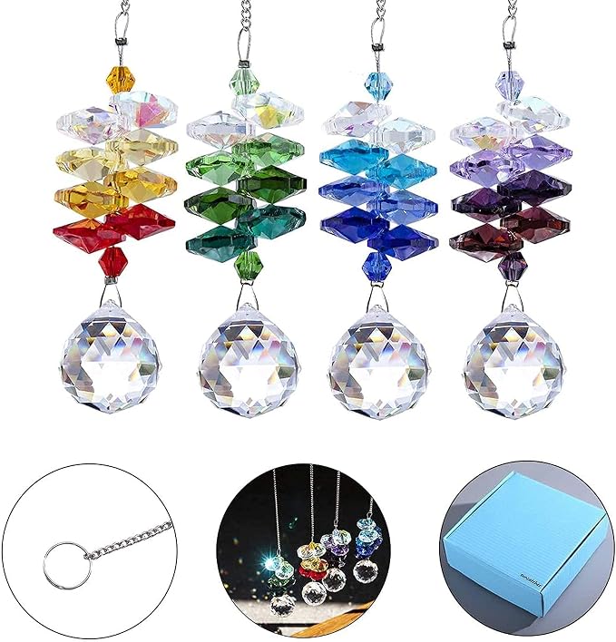 4PCS Crystal Prisms Suncatchers Hanging Sun Catchers for Window Indoor | Rainbow Maker Suncatchers Crystals Ball Prism Chakra Octagon Bead Decor For Home Garden,10.5inch,Christmas Tree Decorations
