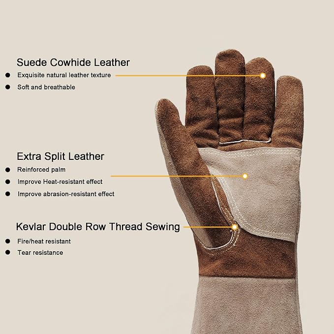 Welding Gloves -Long Sleeve Fireproof and Heat Resistant 15IN. | Cowhide Leather Gloves for Gardening,BBQ,Oven,Grill,Tig,Mig,Baking,Furnace,Stove,Animal Handling Best Gift for Man