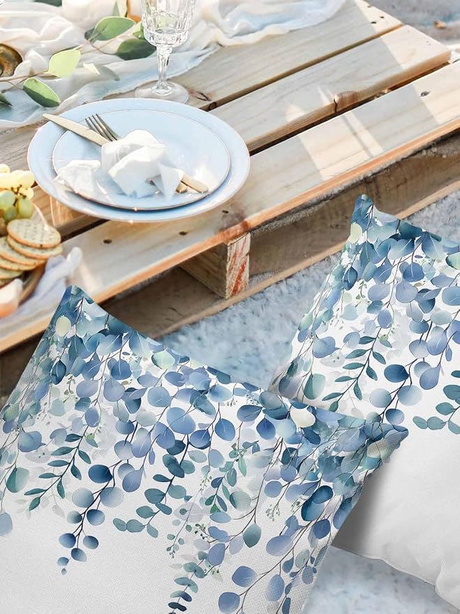 Outdoor Waterproof Pillow Covers Blue Eucalyptus Leaves Set of 2 Decorative Outdoor Pillowcases Watercolor Plant Leaf Cushion Cases for Patio Funiture Garden Couch Bench 16 x 16 Inches