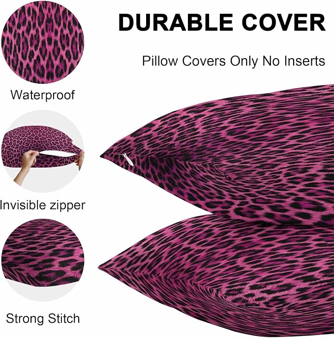 Vandarllin Outdoor Throw Pillows Covers 16x16 inch Set of 2 Waterproof Pink Leopard Print Decorative Zippered Cushion Covers for Patio Furniture, Retro Animal Fur Pattern Lumbar Pillowcases