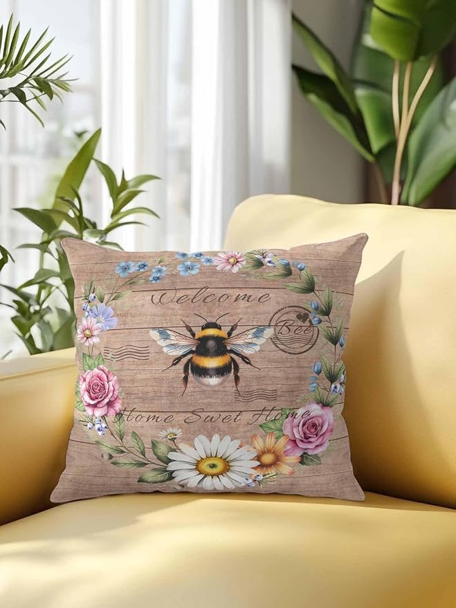 Outdoor Waterproof Throw Pillows Farmhouse Bee Flower Wreath Patio Pillows,Decorative Pillow Covers with Insert,Pillow Cushion Case for Garden Couch Sofa Farm Retro Wood Board