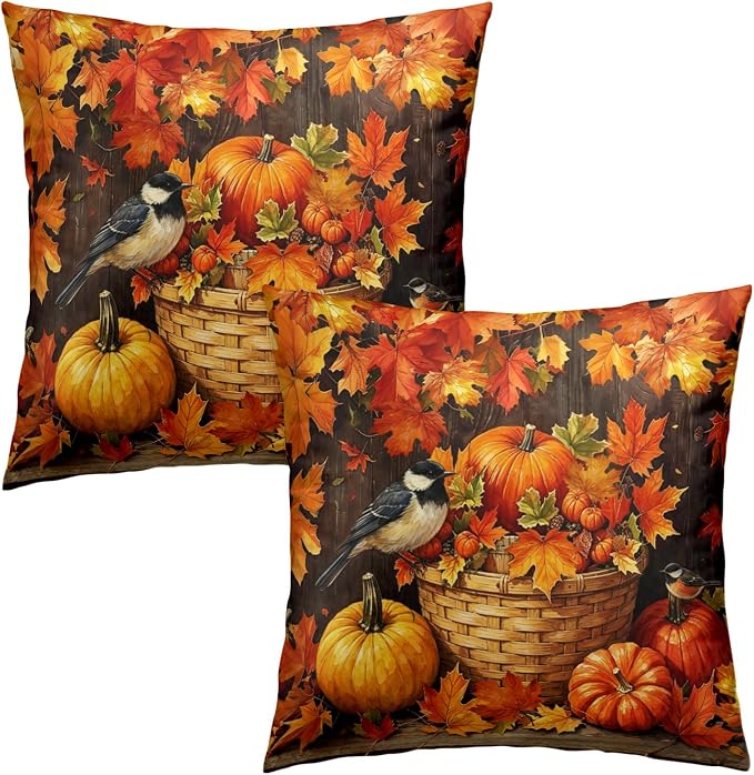 Autumn Pumpkin Pillow Covers Orange Maple Leaf Pillows Cases Fall Themed Throw Pillow Covers 20x20 Set of 2 Harvest Thanksgiving Cushion Cases for Bedroom Living Room Couch