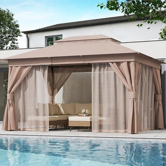 LAUSAINT HOME Patio Gazebo 10'x13', Outdoor Heavy Duty Party Tent Shelter with Double Roofs, Mosquito Nettings and Privacy Screens for Backyard, Garden, Lawn, Khaki