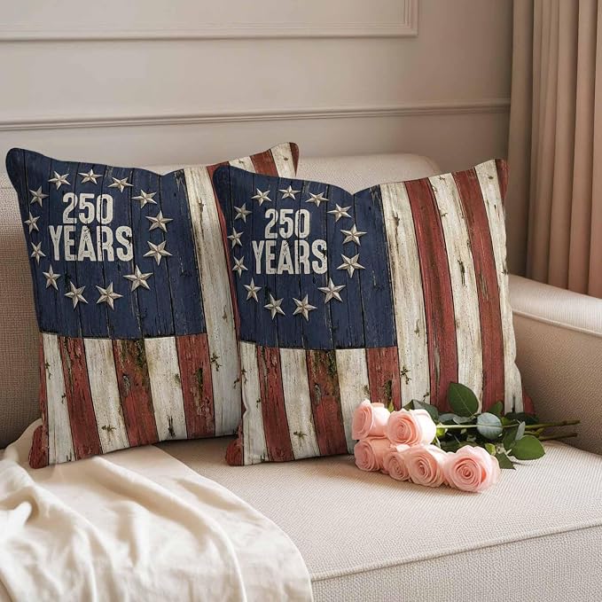 250 Year Anniversary USA Outdoor Waterproof Throw Pillow Covers 18"x18" Set of 2, 4th of July Vintage Wood Decorative Garden Pillowcase with Zipper Cushion Case for Patio Couch Tent