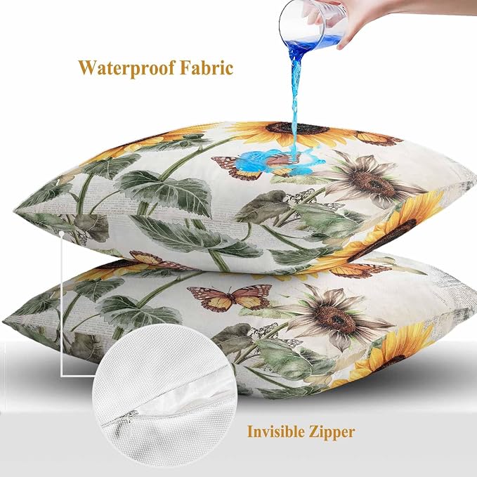 Sunflower Outdoor Waterproof Throw Pillow Covers Set of 2, 16"x16", Farmhouse Rustic Retro Summer Floral Butterfly Decorative Pillow Covers Outside Cushion Case for Patio Porch Garden