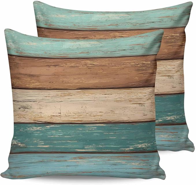 Outdoor Throw Pillows Covers 26X26 Set of 2 Waterproof Teal Turquoise Green Brown Decorative Zippered Cushion Covers for Patio Furniture, Farmhouse Retro Rustic Barn Wood Texture Lumbar Pillowcases