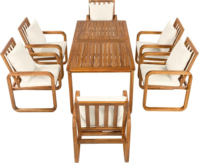RUNNA 7 Pieces Outdoor Patio Dining Table Set with Removable Cushions, Modern Armrests and Spacious Table, Outdoor Furniture Set for Backyard, Garden Entertaining (Beige-A7)