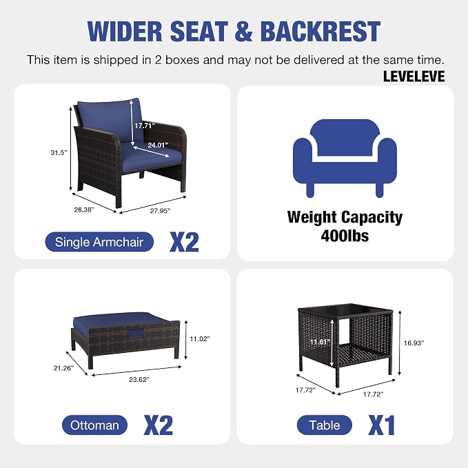 LEVELEVE Patio Conversation Set 5 Piece, Balcony Furniture Outdoor PE Rattan Wicker Lounge Chairs with Soft Cushions, 2 Ottomans & Glass Table for Porch Lawn, Brown (Blue Cushions