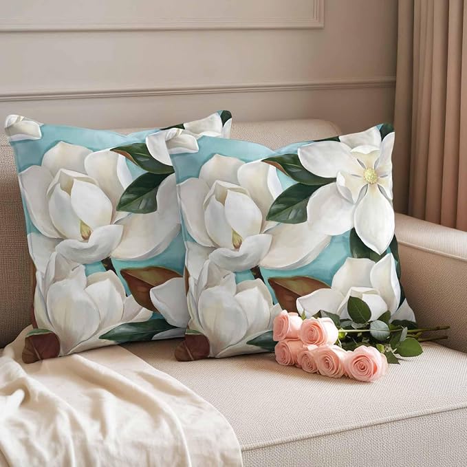 Outdoor Pillow Covers Waterproof, Close-up Blooming White Magnolia with Green Leaves All Weather Cushion Case Set of 2, Oil Painting Flower Decorative Pillowcases for Sofa Patio Furniture 20"x20"