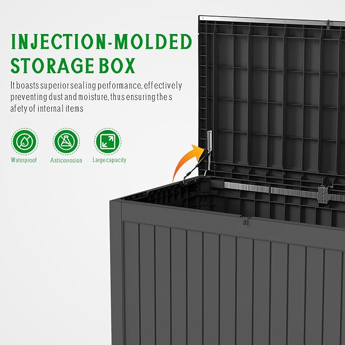 230 Gallon Patio Storage Box, Outdoor Resin Deck Box with Hydraulic Lid, Lockable & Waterproof for Garden Tools, Furniture Cushions, UV Resistant Outside Storage, Black