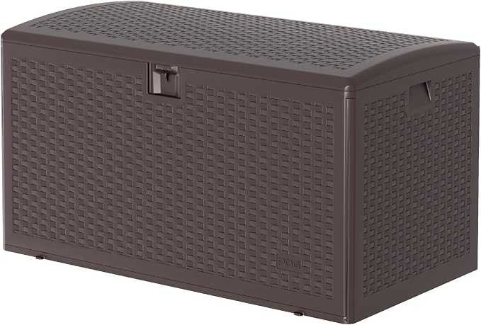 99 Gallon Waterproof Large Resin Deck Box Indoor Outdoor, Lockable Storage Container for Patio Furniture Cushions, Throw Pillows, Garden Tools, and Pool Floats, Brown