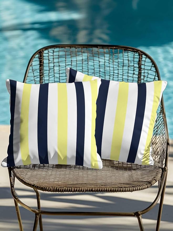 Outdoor Pillows Waterproof, Yellow Navy Blue Striped Bedding Throw Pillows with Insert for Couch Sofa Bed, Farmhouse Stripe Art 18x18 Inch Pillowcases Decorative Camping Patio Pillow Set of 2