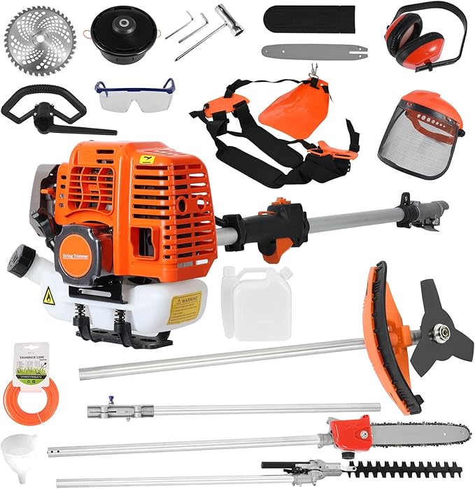 52cc-2 Cycle Weed Wacker Multi Functional, 5 in 1 Gas Powered Grass Trimmer, Weed Eater, String Trimmer, Brush Cutter - with Extension Pole Complete with Safety Accessories 2.3Kw 9500rpm Ora