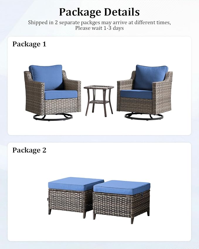 Outdoor Furniture Set of 5, Patio Furniture Set with Wicker Swivel Rocker Chairs, Ottomans and Side Table, High Back&Deep Seat for Garden Deck Porch Balcony Backyard - Blue