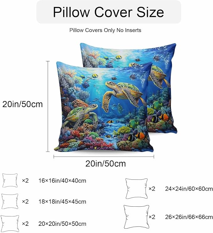 Blue Sea Turtle Ocean Waterproof Outdoor Pillow Covers Set of 2 Home Decor, Colorful Coral Sea Underwater Pillowcase Patio Pillow Covers for Couch Bench Furniture Garden 20x20in