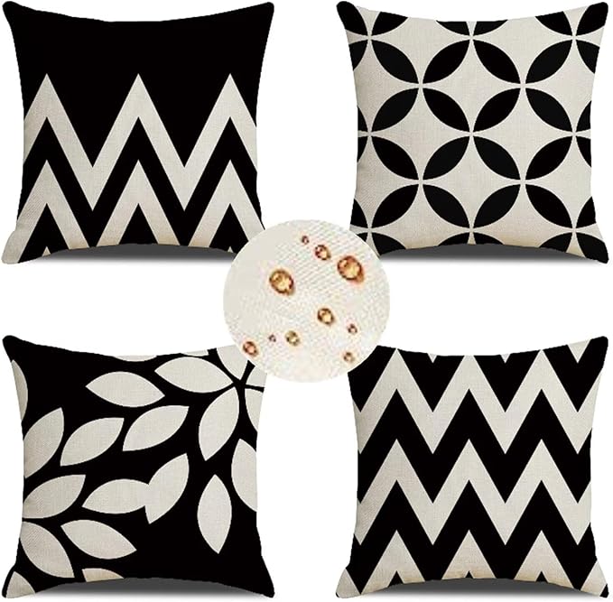 Outdoor Throw Pillow Covers 20x20 in Set of 4 black Pillow Covers White Decorative Pillows Waterproof Linen Outdoor Pillowcases Sofa Cushion Covers for Garden Patio Bench Chair Outdoor Decor Gifts