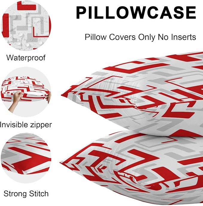 Vandarllin Outdoor Throw Pillows Covers 16x16 inch Set of 2 Waterproof Red Geometric Stripes Decorative Zippered Cushion Covers for Patio Furniture, Modern Abstract Lines Lumbar Pillowcases