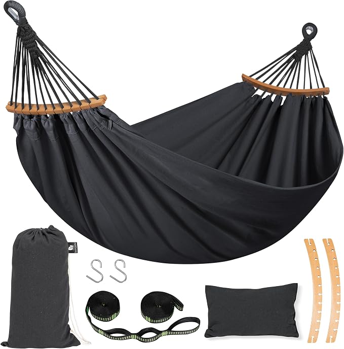 SUNCREAT Hammocks Outdoor Camping Double Hammock with Spreader Bar, Carrying Bag, Portable Tree Hammock for Outside, Dark Gray