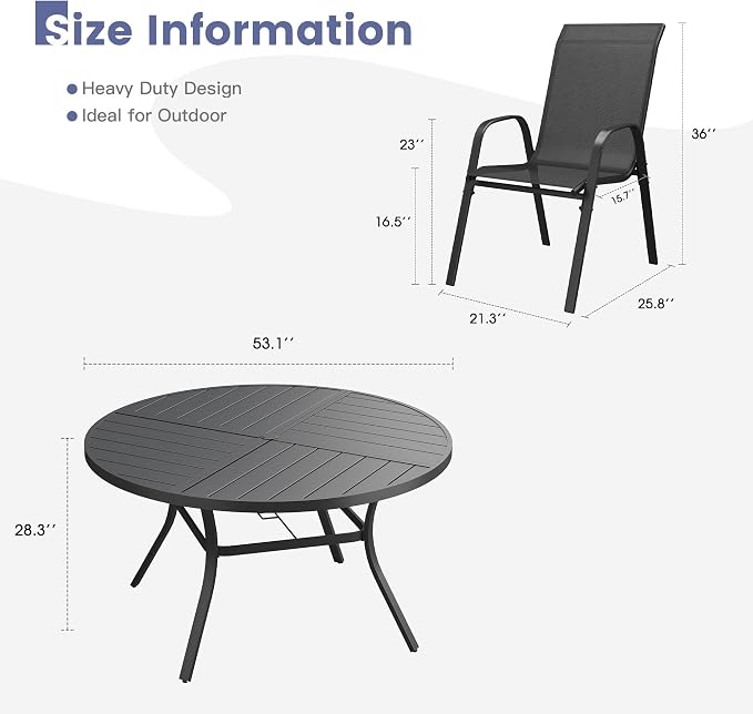 VICLLAX Round Outdoor Patio Dining Set for 8, Metal Slatted Patio Table with Umbrella Hole and 8 Stackable Patio Chairs for Deck Lawn Garden, Black Fabric and Black Tabletop