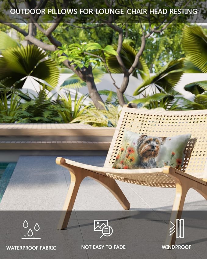 Outdoor Pillows Covers with Inserts Dog Play Among The Flowers Butterfly Watercolor Waterproof Pillow with Adjustable Strap Throw Pillows for Patio Furniture Recliner Lounge Chair, 12x20 inch, 2PCS