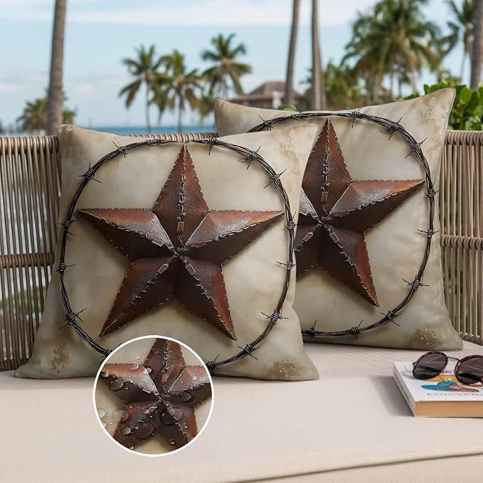 Country Star Retro Waterproof Outdoor Pillow Covers Set of 2 Home Decor, Farmhouse Western Aesthetic Art Pillowcase Patio Pillow Covers for Couch Bench Furniture Garden 18x18in