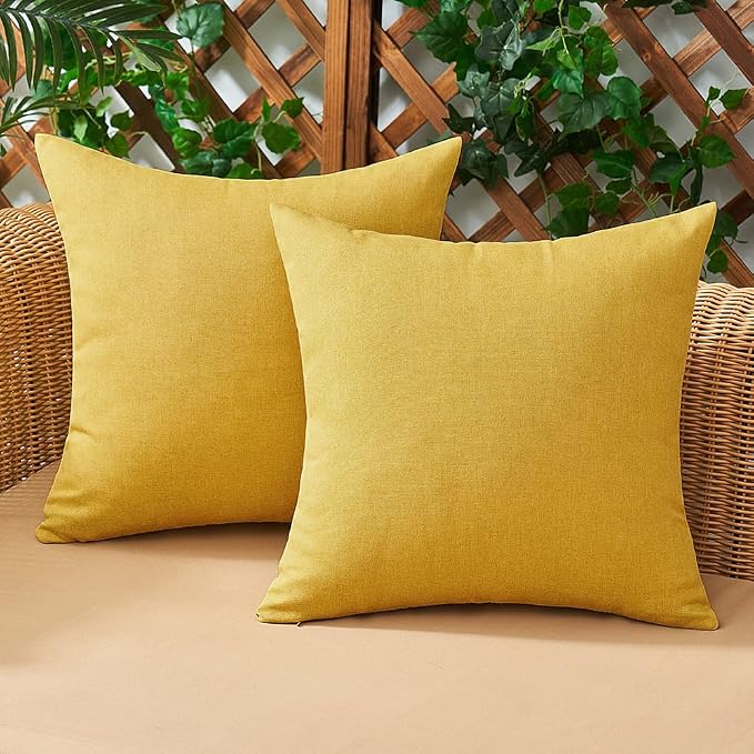 Outdoor Waterproof Throw Pillow Covers Yellow 16x16 Set of 2 | Decorative Farmhouse Linen Pillowcases Solid Cushion Cases for Patio Tent Balcony Couch Sofa Living Room