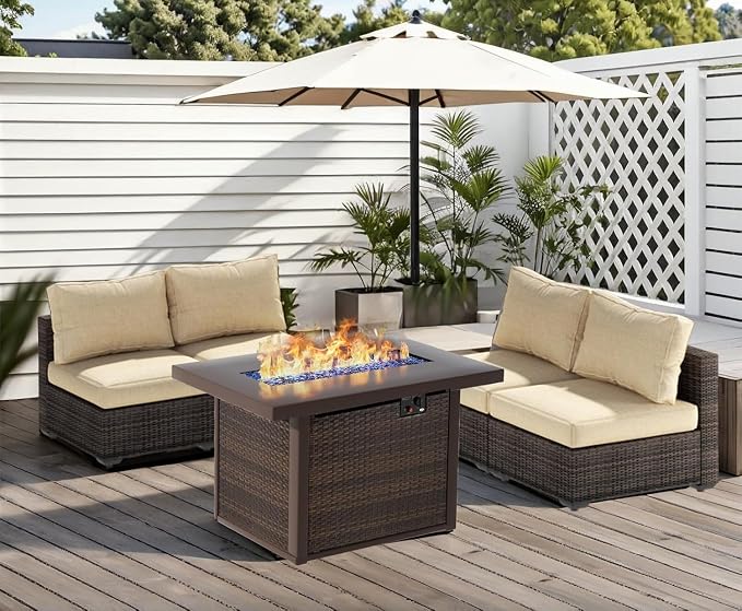 5 Pieces Patio Furniture Set with 44" Fire Pit Table, Rattan Outdoor Sectional Conversation Sets, All Weather Outdoor Furniture Set with Cushions for Garden Lawn Balcony Porch Deck, Khaki