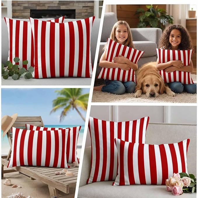 Red Striped Outdoor Waterproof Throw Pillow Covers 24x24 Set of 2, Christmas Farmhouse Red White Stripes Decorative Pillowcases Cushion Pillowcase for Couch Sofa Patio Outside Pillow Protector